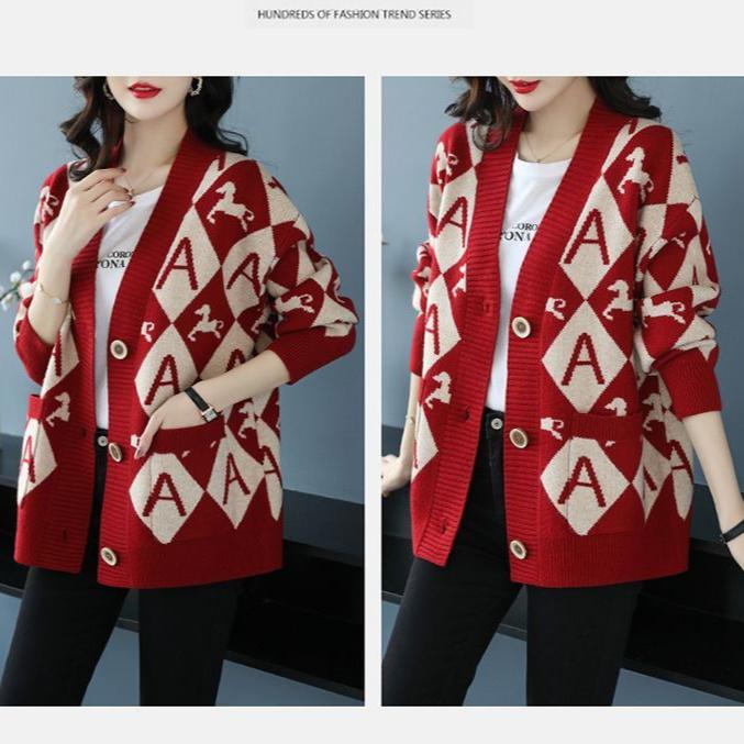 Women's Plus Size Knitted Cardigan Sweater Spring Autumn V-Neck Printed Knit Sweater Jacket Casual Loose Knit Jacket