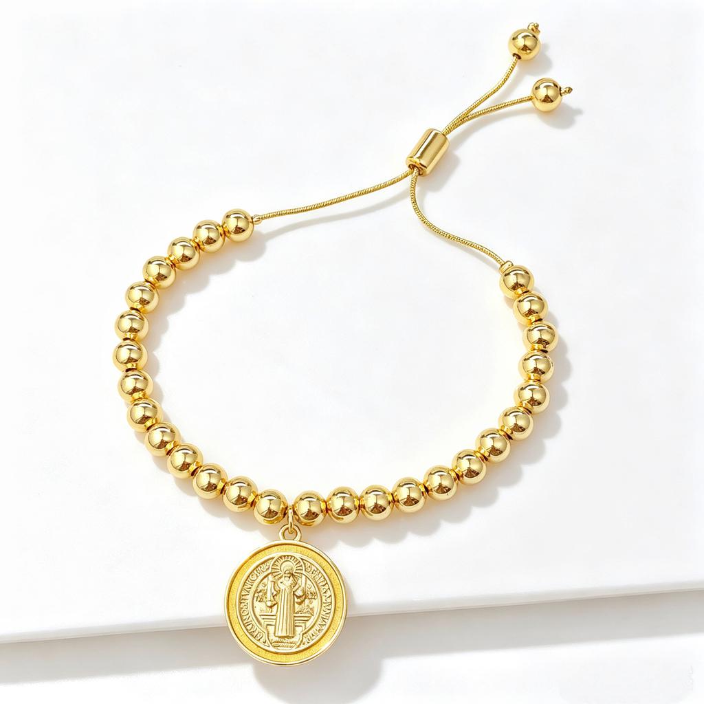 Gold-Plated 6mm Copper Bead Chain St. Benedict Pendant Adjustable Bracelet New Trend for Women's Daily Party Jewelry Accessory