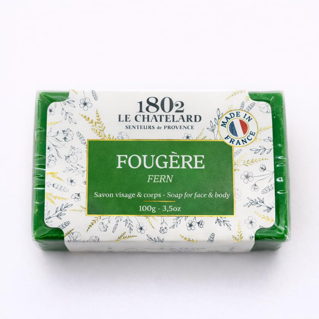 LeChatelard 1802 Fern Gentle Fragrant Soap Bar 100g - Marseille Soap Recipe, Sweet Almond Oil Enriched, Fresh Green Aroma, Long-Lasting Unisex Ba