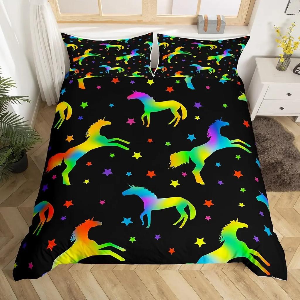 Unicorn Bedding Set Kids Purple Space Galaxy Duvet Cover Microfiber Quilt Cover Girly Cartoon Comforter Cover and 2 Pillowcases
