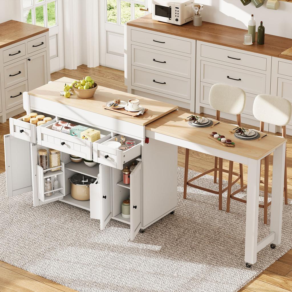 Kücheninsel auf Rädern, Ausziehbarer Essbereich mit Gewürzregal und Schubladen, Mobil Freistehend, Ideal für Küche und Esszimmer (Weiß)