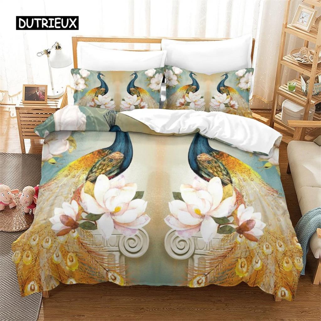 Duvet Cover Peacock Exotic Birds Animals Quilt Cover Polyester Feather Butterfly Flowers Bedding Set King For Girls Teen Room