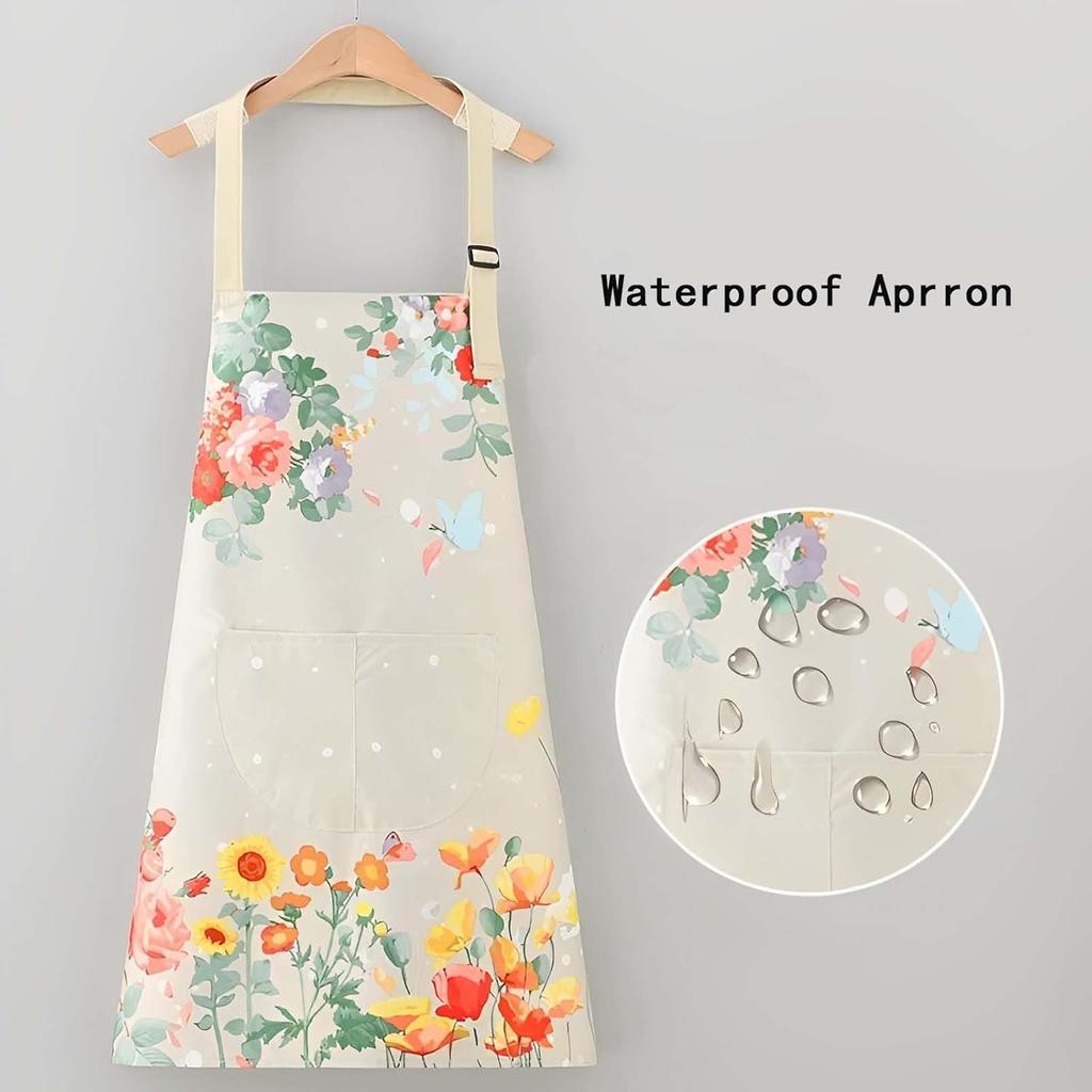 Floral Aprons with Pocket Blooming Women Waterproof Apron Adjustable Neck Long Ties Women Men Cook Baking Garden