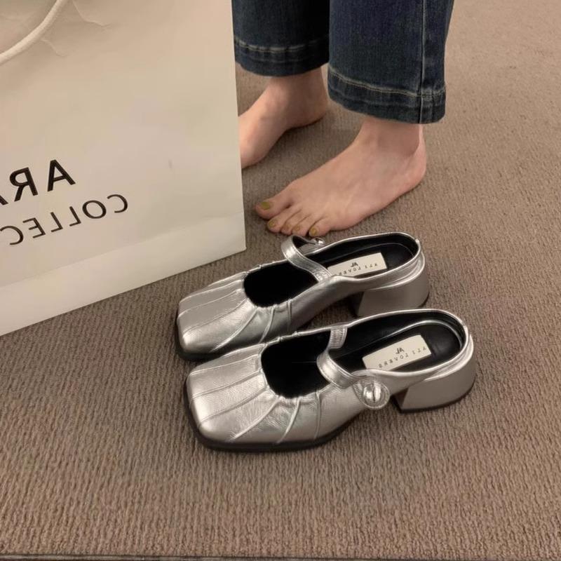 Französische High-End Silber Tasche Kopf Halbschuhe Damen Oberbekleidung Frühling und Sommer neu faule Ein-Pedal Dicke Ferse Einzelne Schuhe