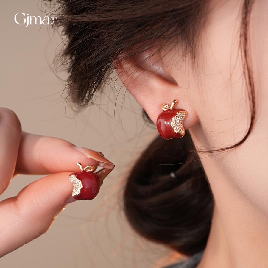 Vintage Simple Zircon Drip Oil Red Apple Earrings Stud Earrings Exquisite Earrings Women