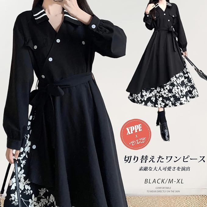 xppe Long Dress with Floral Women's V-Neck Belt, Print, A-Line, Flared, Black, Summer/Autumn