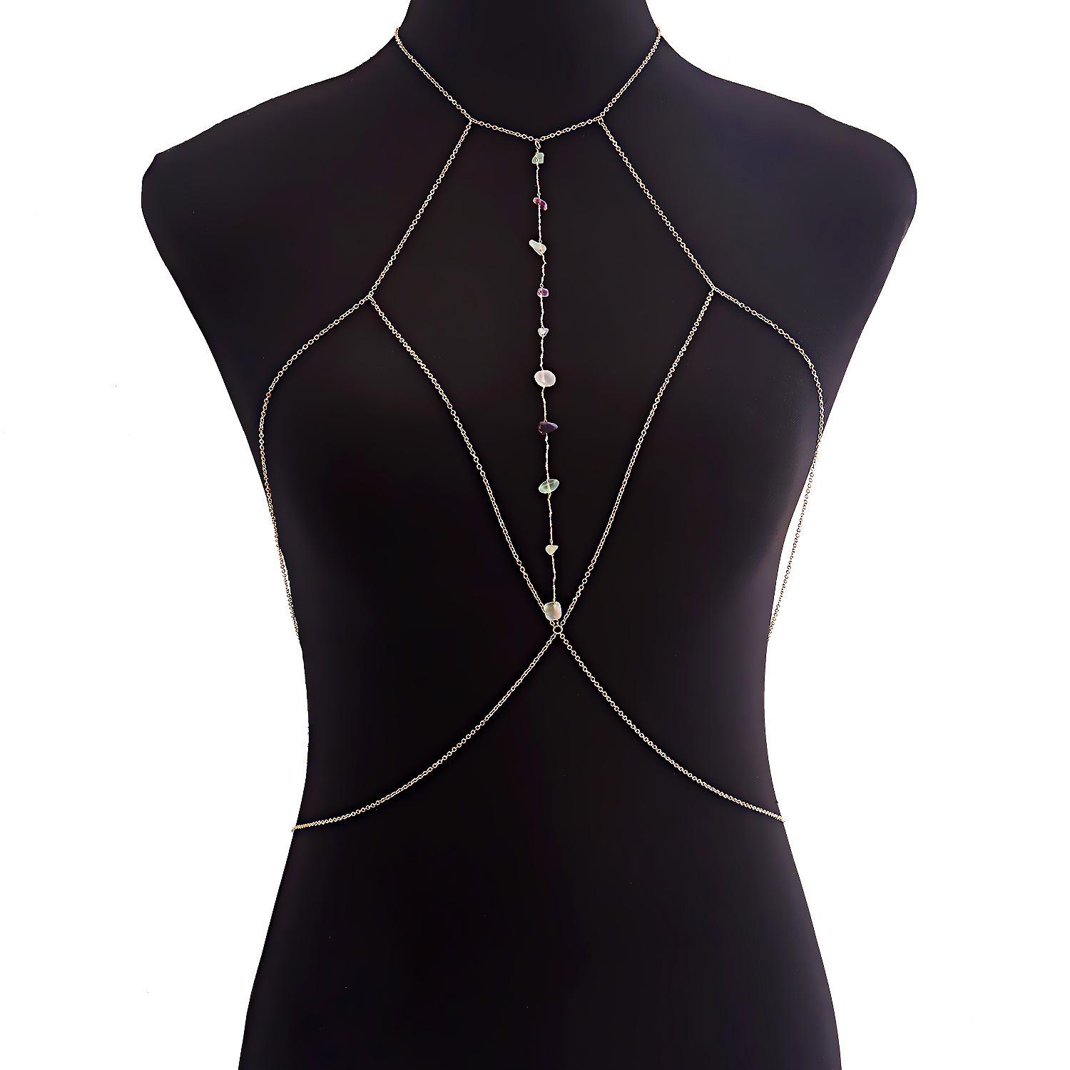 

European and American body chain jewelry, beach gravel hipster dancing versatile bikini clothing waist chain women s metal chest chain золотий