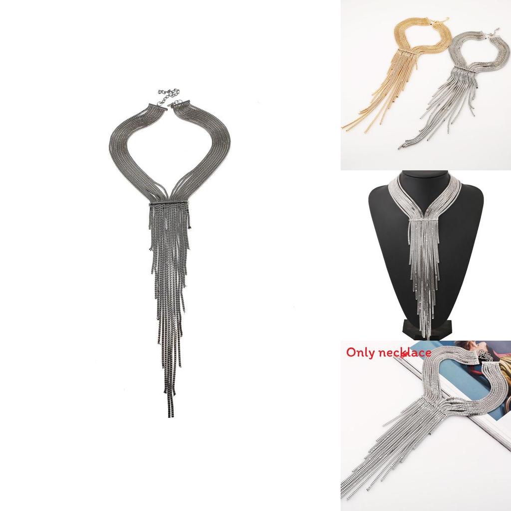 Fashionable Rhinestone Decorative Long Tassel Design Women Metal Necklace For Stylish Office And Daily Outfits