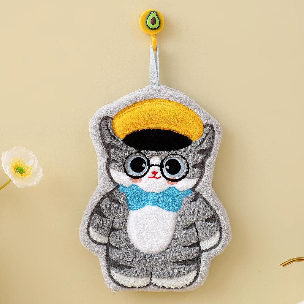 Cute Cat Coral Fleece Hand Towel - Hangable, Thick, Odorless, Absorbent, Quick-Drying Cloth for Kitchen & Bathroom.