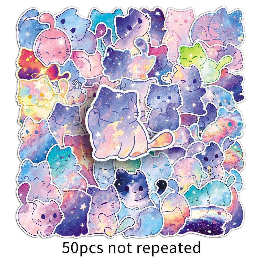 50 Cute Starry Sky Cat Stickers: Hand-Drawn Cartoon Decorations for Cups & Phone Cases