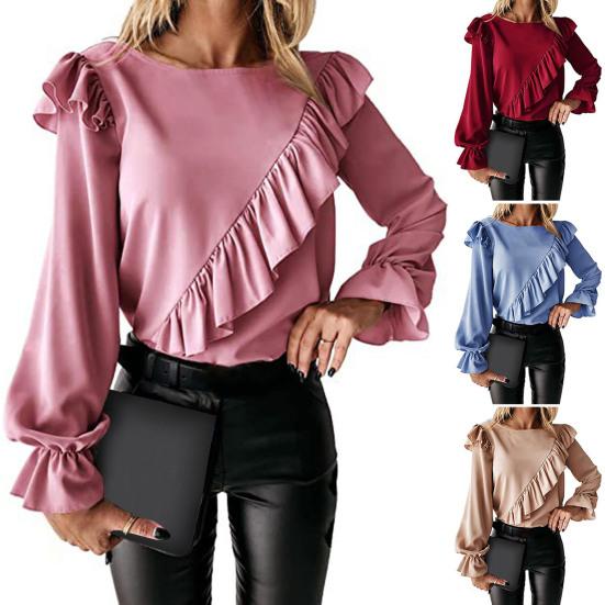 

Ladies Shirt Crew Neck Ladies Ruffles Workwear Skin-Touch Decor Solid Color Tunic Pullover Shirt Daily