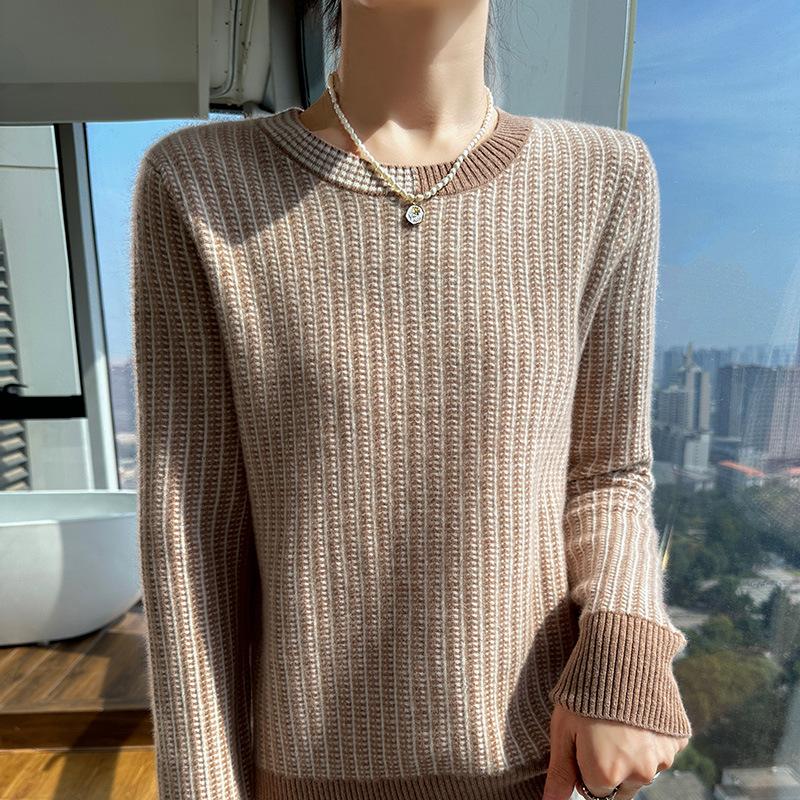 Contrast Color Round Neck Sweater for Women In Autumn and Winter New Loose and Versatile Cashmere Sweater Fashionable Warm Base Sweater Sweater