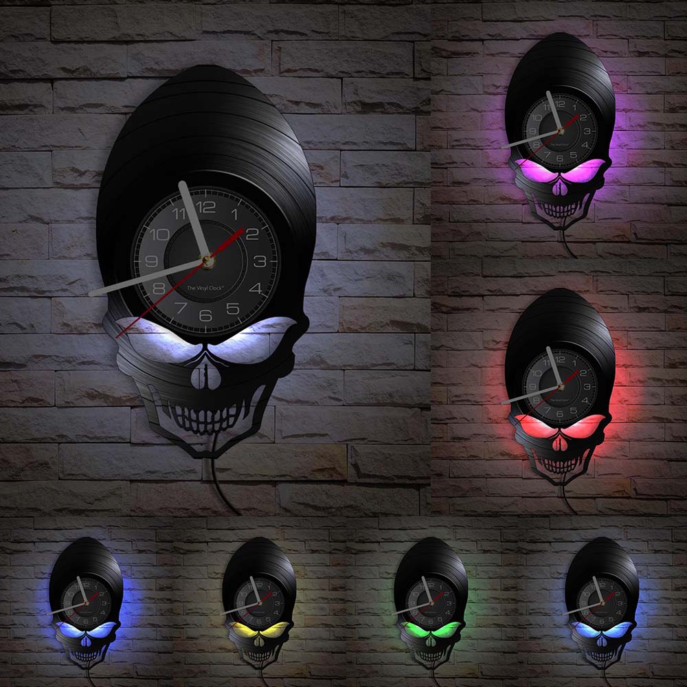 Schädel-Kopf-Vinyl-Schallplatten-Wanduhr im Alter von Skelett-Kopf-Wanduhr, Skelett-Vampir-Männer, Halloween-Dekor, Wandbehang-Uhr