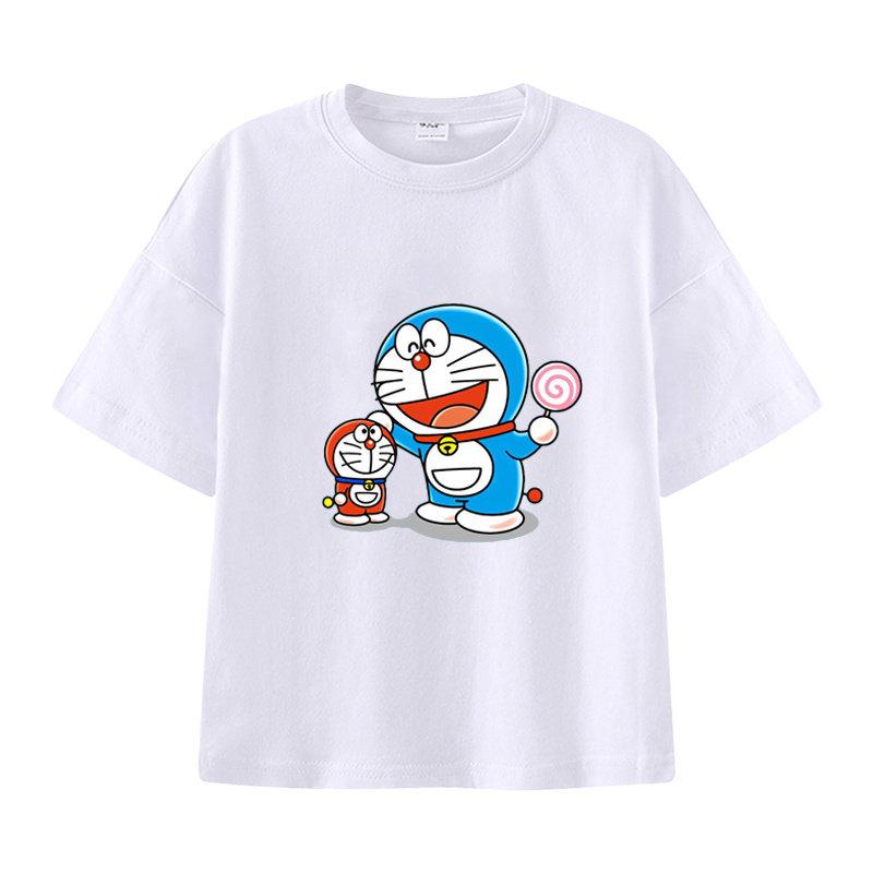Pure Cotton Childrens Shortsleeved Tshirt for Summer Boys and Girls Halfsleeved Childrens Clothing with Doraemon Pattern