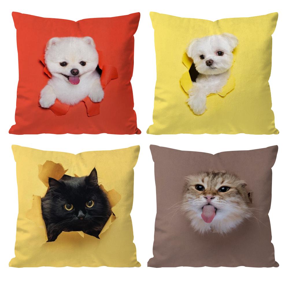Cute Naughty Cute Cats Dogs Cushion Cover Pattern Printed Pillowcase for Living Room Sofa Cushion Cover & Bedroom Decor