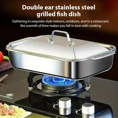 Deep Baking Pan Stainless Steel Grilled Fish BBQ Tray with Lid Double Ears Rectangular Flat Bottom Tray for Camping Home