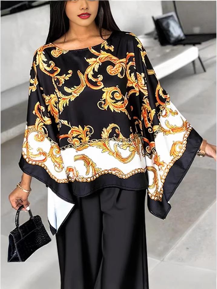 Baroque Print Batwing Sleeve Top & Elastic Waist Pants Set