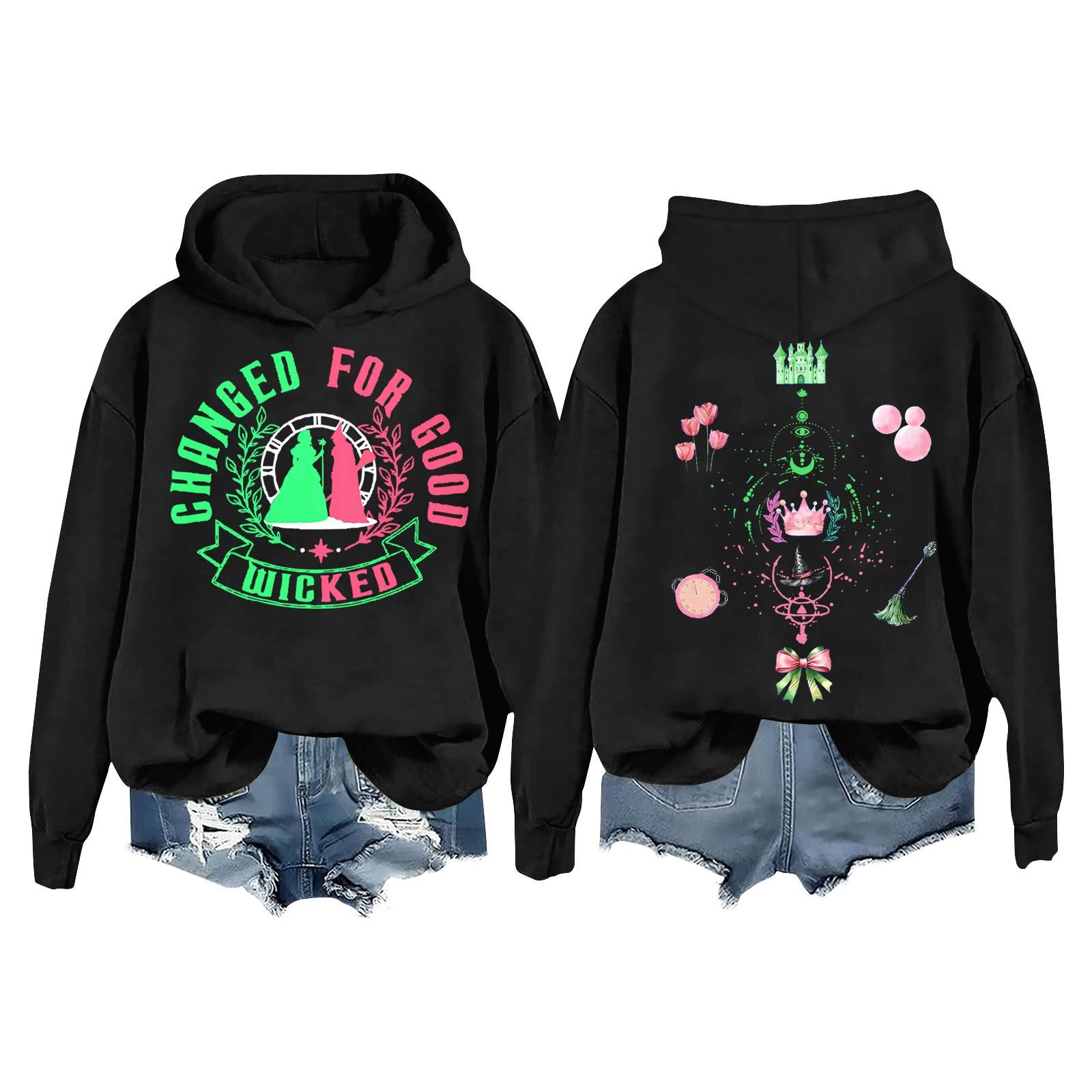 

Женская повседневная толстовка с капюшоном и принтом ведьмы с длинными рукавами L чёрный