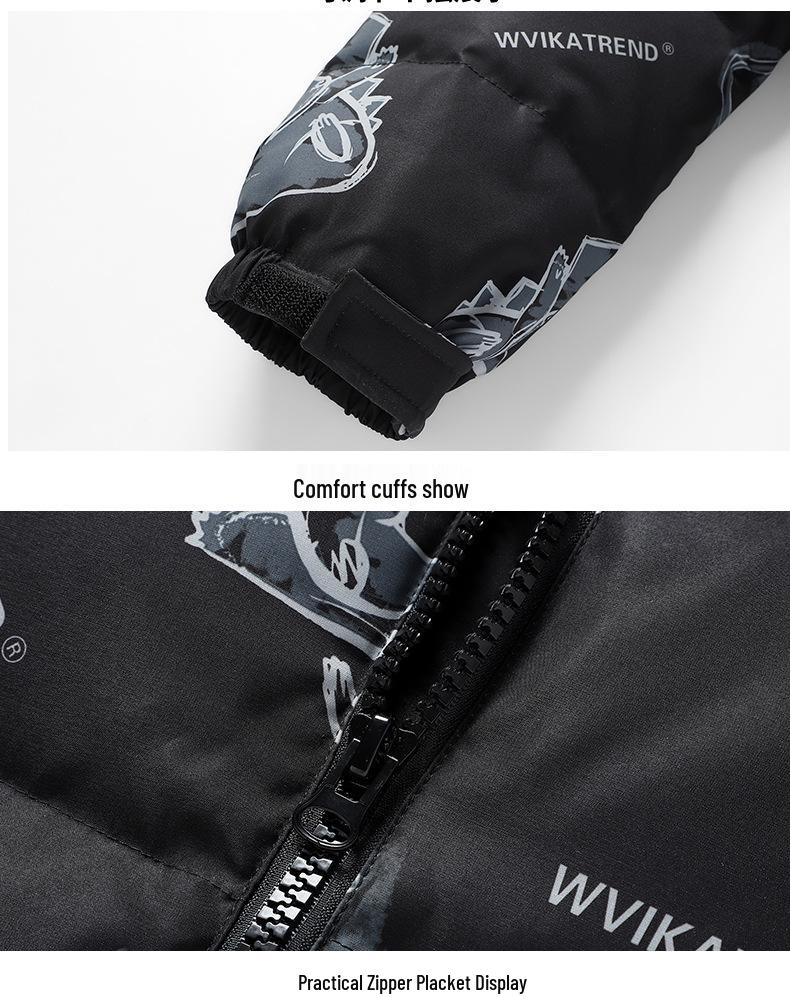 Men's Versatile Winter Down Jacket with Little Monster Print & Stand Collar