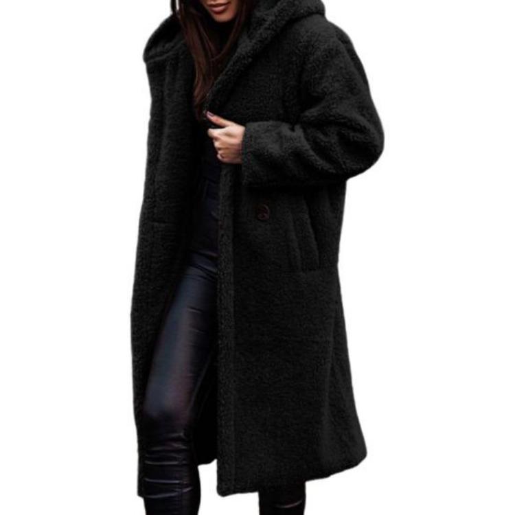Winter Plush Hooded Long Coat Women Solid Color Long Sleeve Autumn Single Button