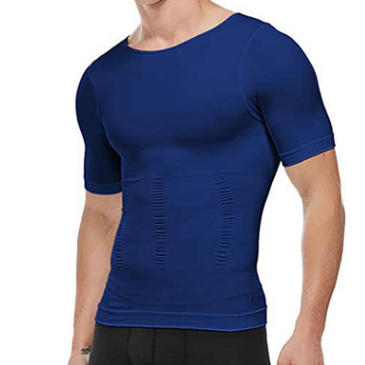 

Мужская утягивающая футболка с коротким рукавом, топы, майка, утягивающее белье, утягивающее белье, компрессионная рубашка для живота L синий
