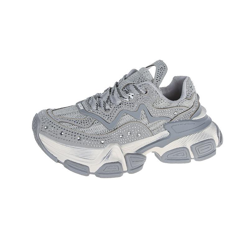 Leather Black Dad Shoes Women's Spring and Autumn New Rhinestone Muffin Platform Casual Sneakers Women