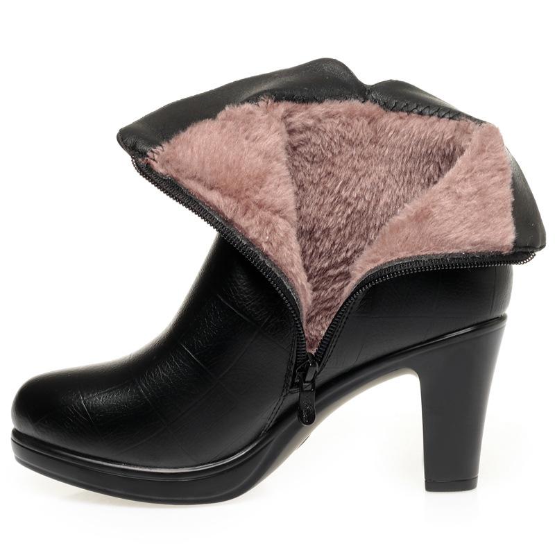 6см 8см Элегантные Удобные Мягкая Кожа Плюшевые Мотоботы Зима 2025 Блочный Высокий Каблук Обувь Теплые Ботильоны для Офиса 34 4980₽