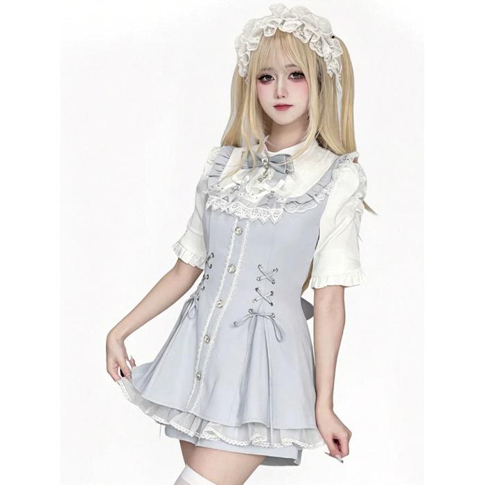 Snowflake Time: Japanese Lolita Stand-Collar Dress Set with Bib & Bow Tie