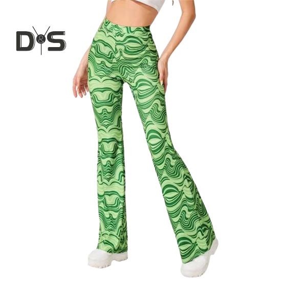 Women Yoga Pants High Waist Water Wave Striped Print Casual Trousers Running Cycling Flared Leggings Loungewear