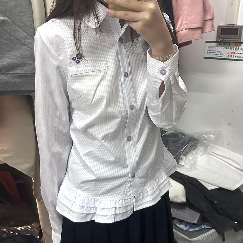 

Japanese Preppy Striped Ruffle Hem Shirt for Women - Autumn M белый