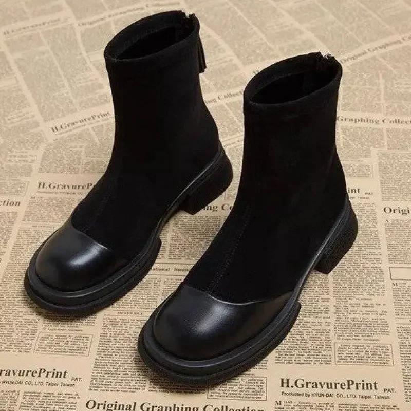 Fashion Women Ankle Boots Fashion Round Toe Ladies Cotton Short Booties Elegant Square Low Heel 2024 Winter Short Plush Women's Footwear