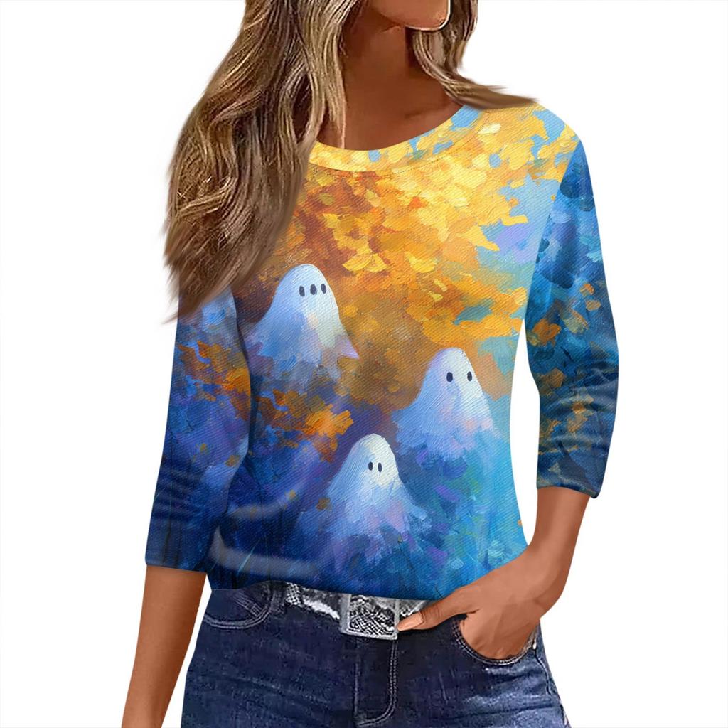 Dame O-hals 3/4 Erme Trykket Topp