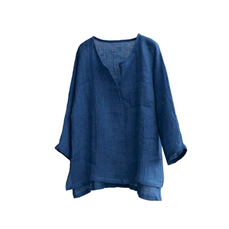 

1 шт. однотонная летняя хлопково-льняная свободная футболка с V-образным вырезом, повседневный топ-блузка с длинным рукавом 5XL