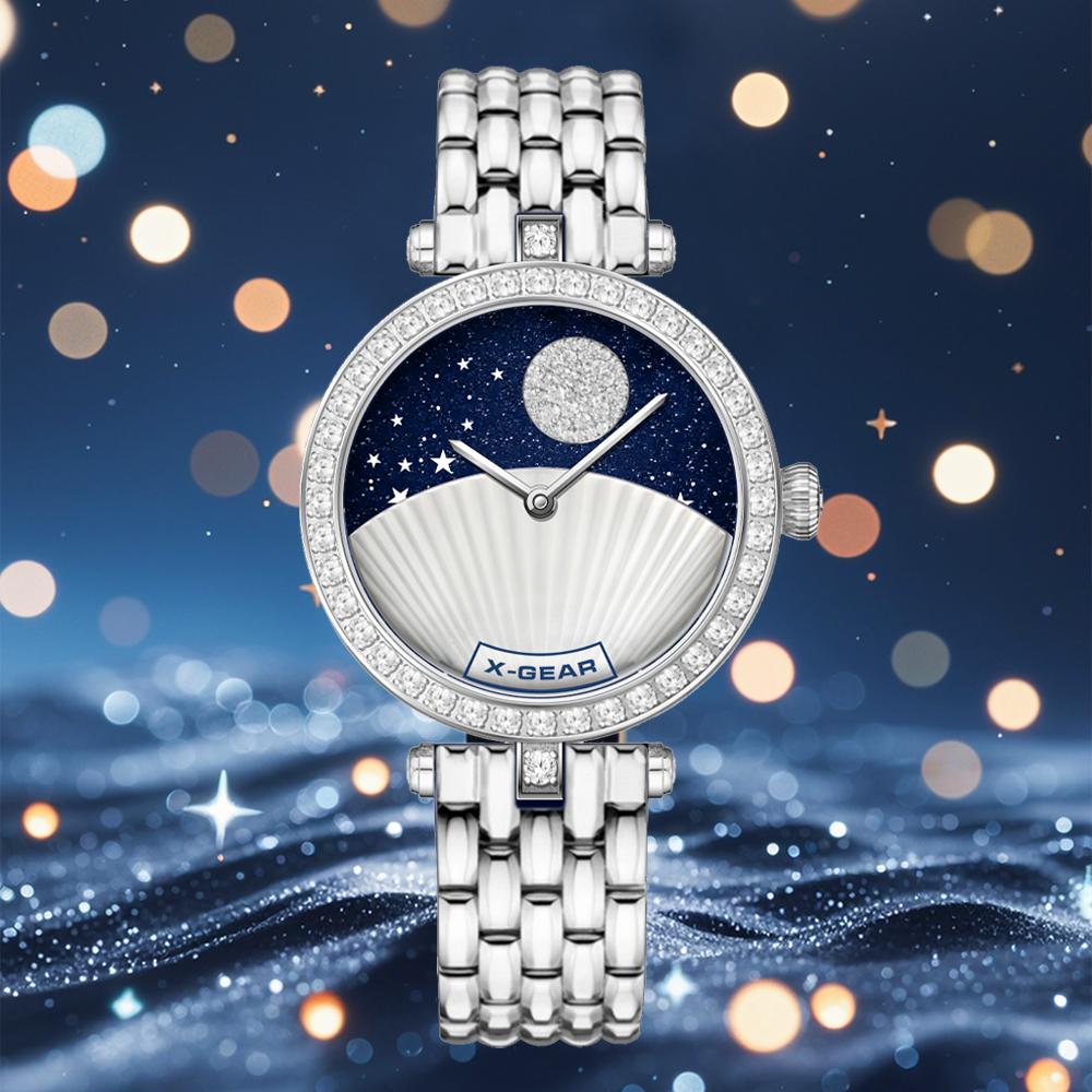 Luxury Fashion Blue Quartz Stone Face Quartz Wrist Watch for Women; Waterproof and Night Light Stellar Model