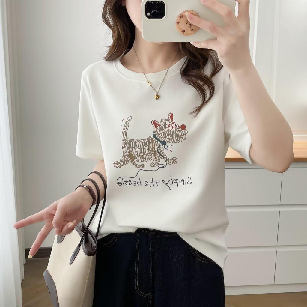 Korean Cute Graffiti Puppy Print Plus Size Women's Round Neck T-Shirt, Short Sleeve, Loose Fit
