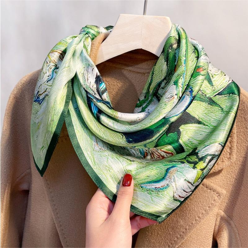 Spring New Oil Painting White Rose Printing Silk Crepe Satin Square Scarf Women's Light Luxury Versatile Mulberry Silk Scarf Scarf