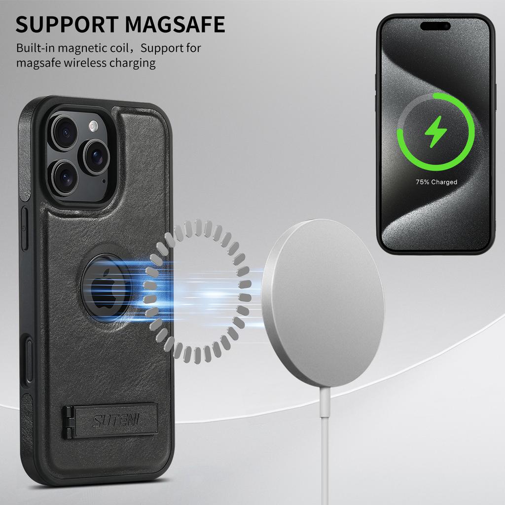 SUTENI G2 For iPhone 16 Pro Max Magnetic Case Leather Phone Back Cover Waxy Texture Kickstand