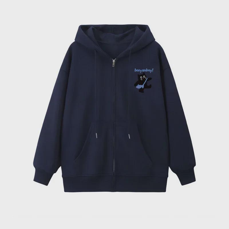 Navy Blue Hooded Cardigan Zipper Sweater for Women - Perfect for Early Autumn and Winter