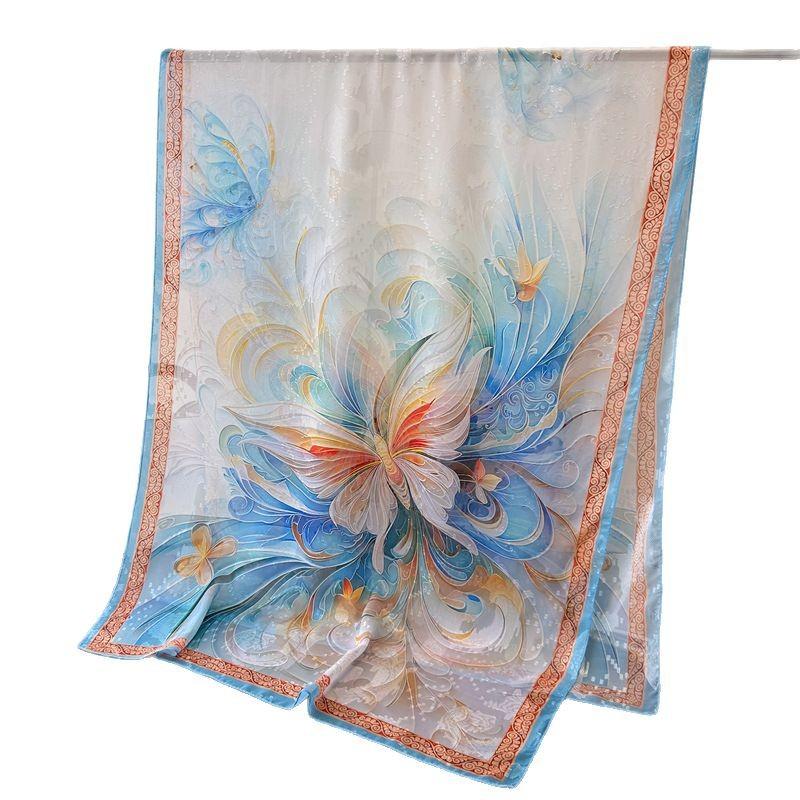 Elegant Blommigt Tryck Vår och Sommar Silkeshalsduk Stor Lång Halsduk Högkvalitativ Resesjal Solskydd Damhalsduk Huvudduk