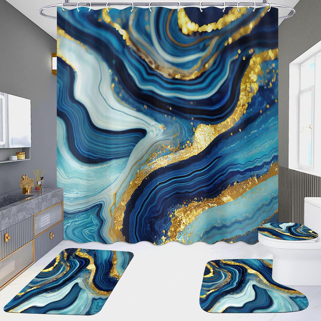 4Pcs Marble Series Shower Curtain Sets for Bathroom Non-Slip Bathroom Rugs Lid Toilet Cover Bath Mat