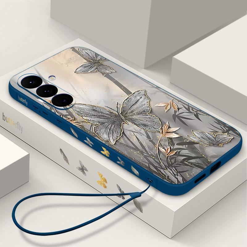 Lanyard Case For Samsung Galaxy S25 Ultra S24 S23 S22 Plus S21 FE A15 A16 A35 A36 A54 A55 A56 5G Bamboo Butterfly Printed Case Capa Coque
