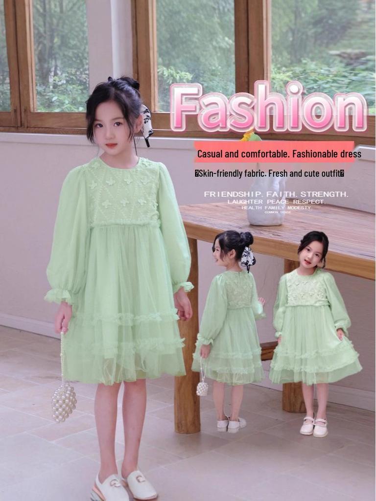 Girls' 2025 Spring/Autumn Long Sleeve Tulle Princess Dress - Perfect Birthday Gift for Middle Childhood