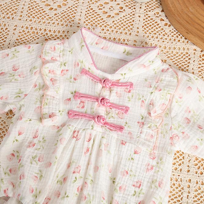 Spring Autumn Floral Princess Romper - Long Sleeve Korean Style Bodysuit for Baby Girls