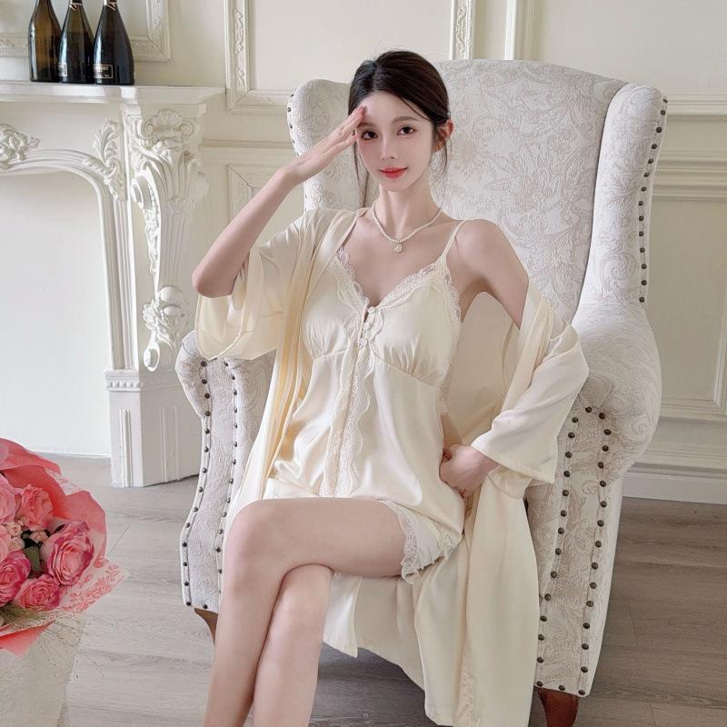 New Pajamas Three-piece Set Women's Summer Ice Silk Thin Sexy Suspenders Pure Desire Wind Loungewear Set with Chest Pad