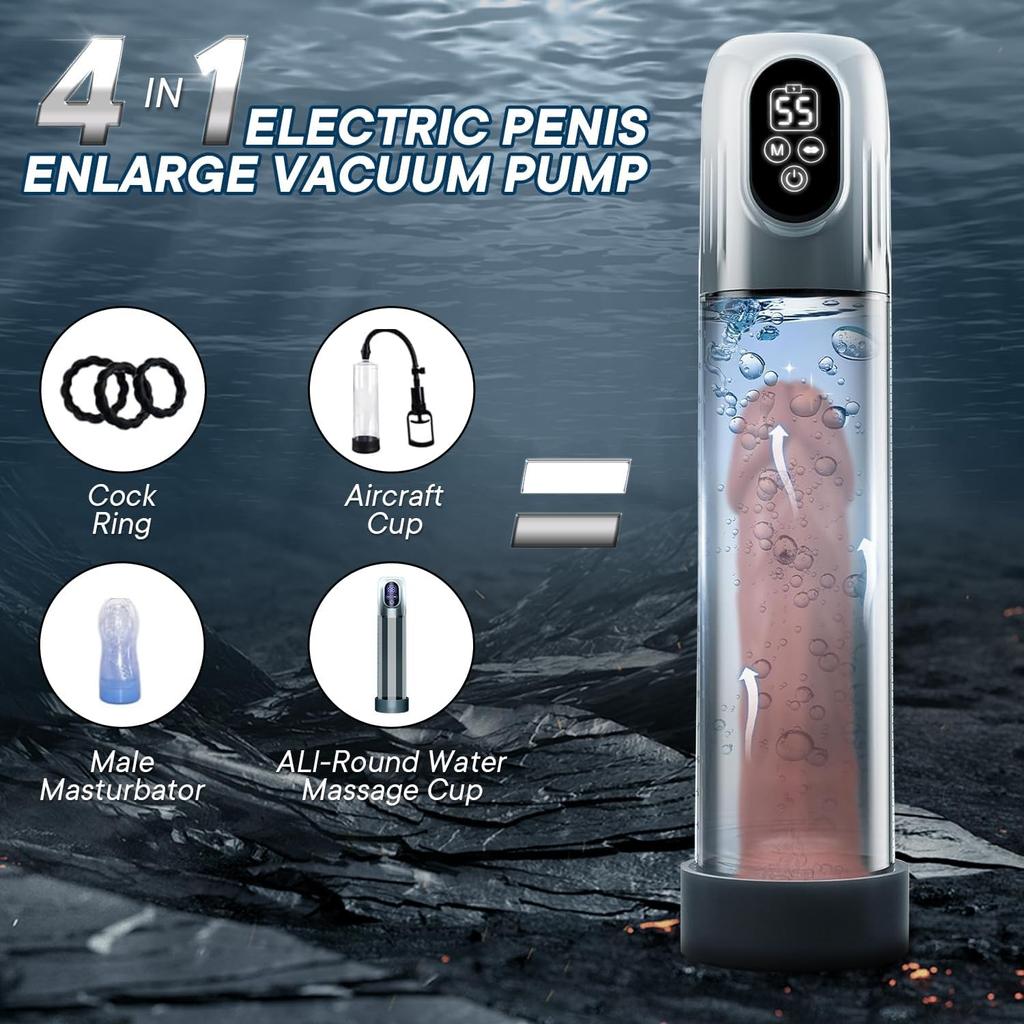 Electric Penis Pump with Mini Pocket Vagina and 3 Penis RingsAutomatic with 4 Training Pressures and 5 Suction ModesAutomatic Male Masturbator