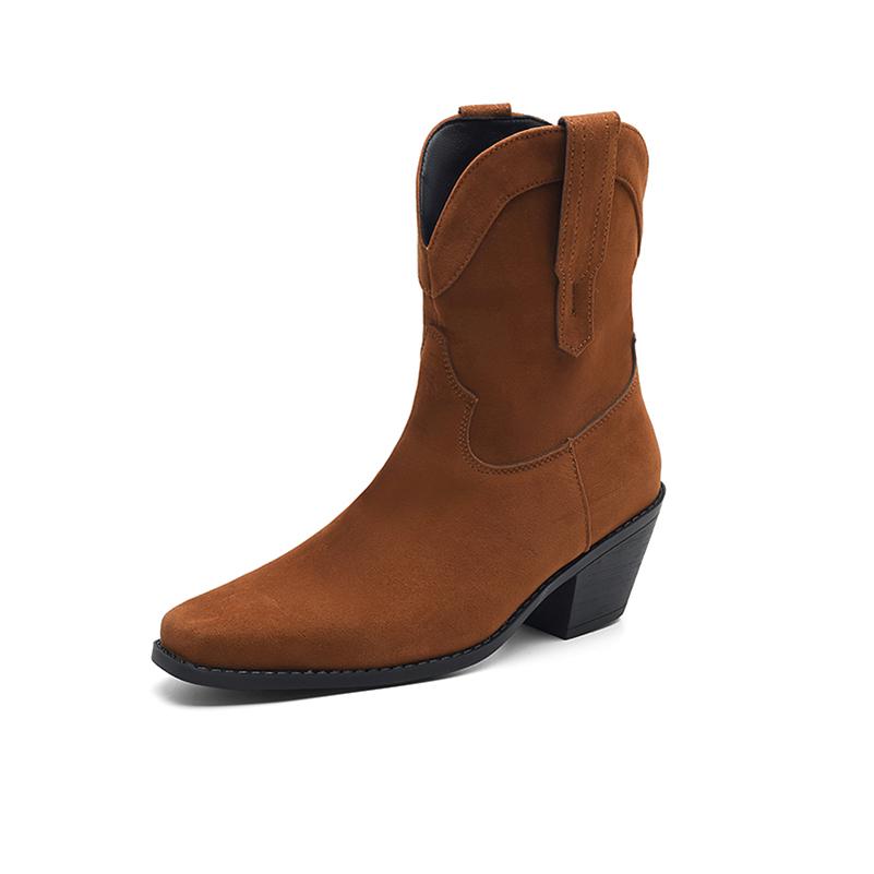 FOREADA Women Ankle Cowgirl Boots Square Toe Thick High Heels Western Boots Concise Cowboy Short Boots Ladies Fashion Shoes Autumn Winter