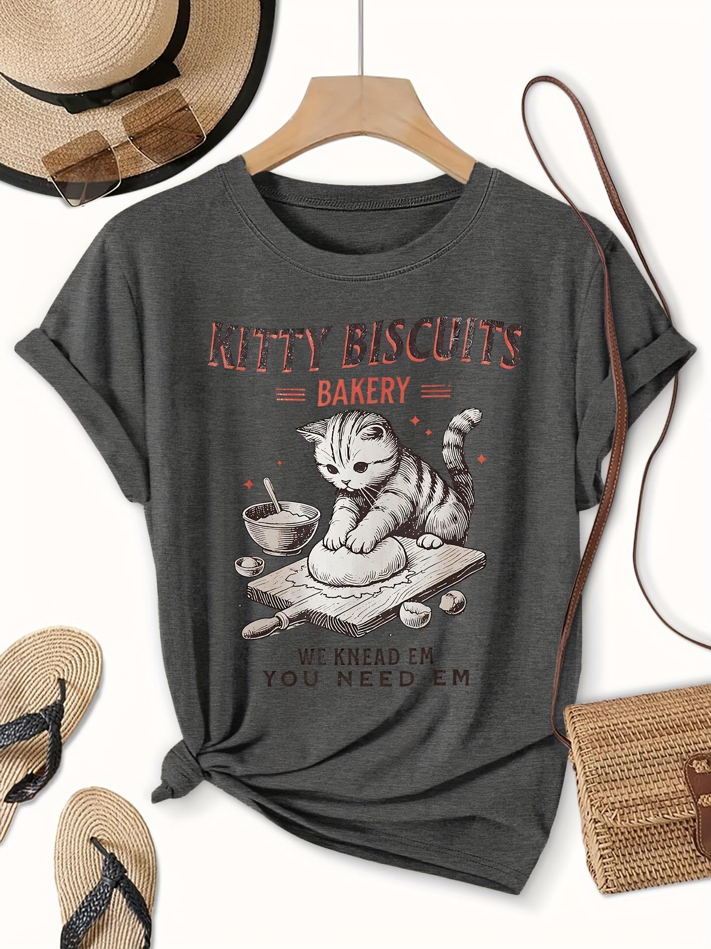 Kitty Biscuits Bakery Women s Tee - Funny Cat Kneading Dough Graphic, Casual Dark Grey Top S