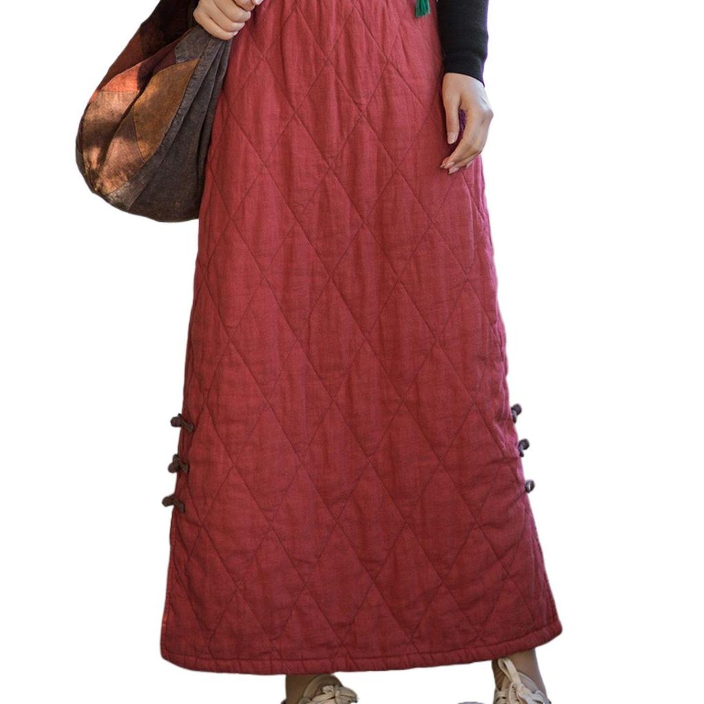 Women's Ethnic Style Quilted Long Skirt - Winter Warmth, Solid Color, Chinese Knot Design.