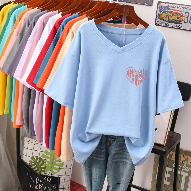 T-shirt a maniche corte, Ampia, Top V-neck stampato snellente per donna