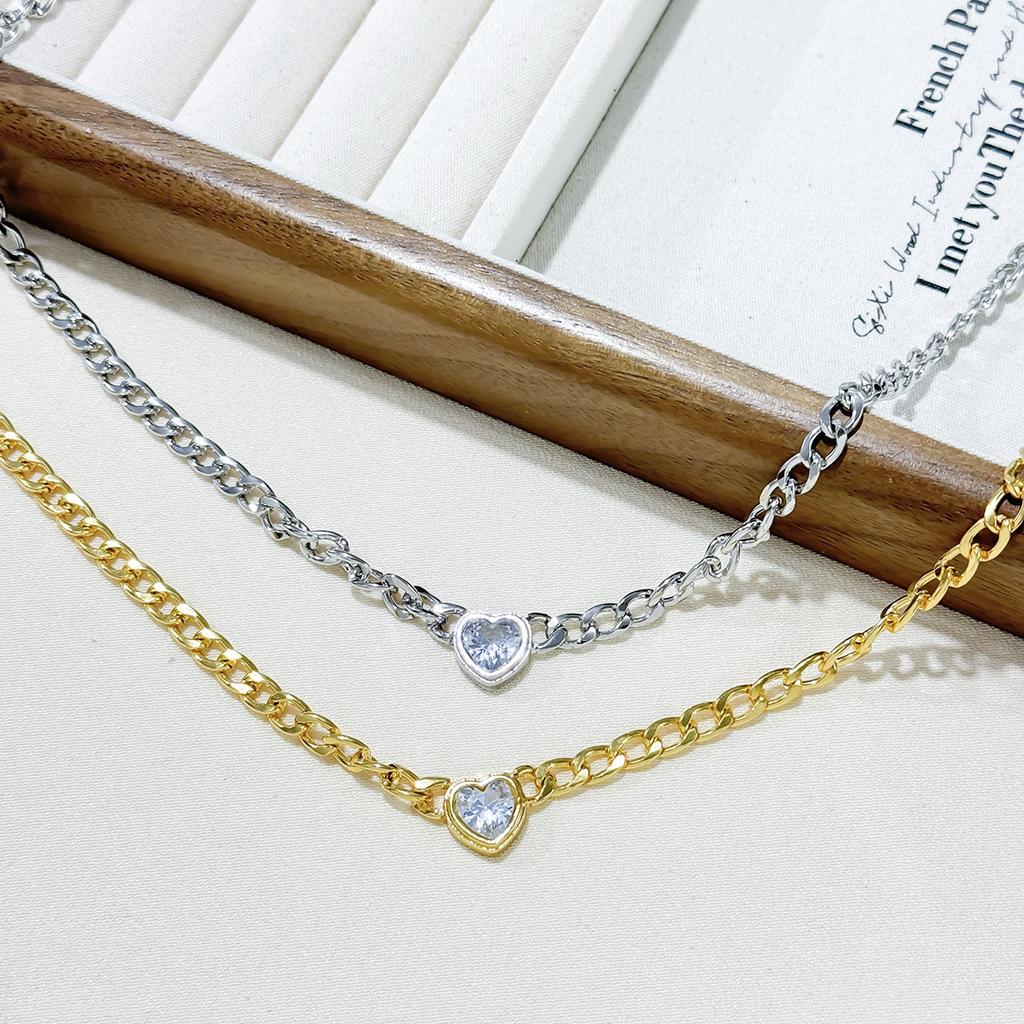 New INS Love Rhinestone Women's Bracelet, Fashionable Light Luxury Niche Heart-shaped Stacked Cuban Necklace